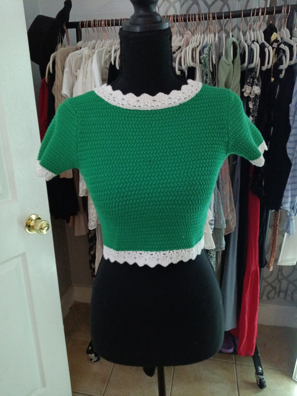 Green Cropped Knit Top with White Trim - Women